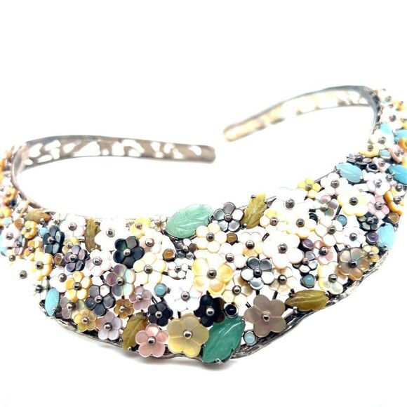 Exquisite 925 Silver Floral Stones Open Collar Necklace - Picture 2 of 9